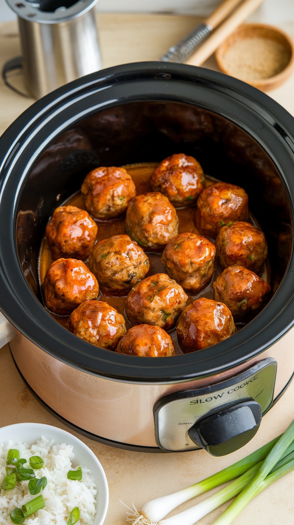 A slow cooker filled with honey garlic glazed meatballs served with rice and green onions.