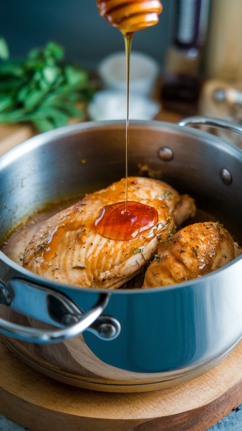 A slow cooker filled with chicken glazed in honey mustard sauce, ready to be served.