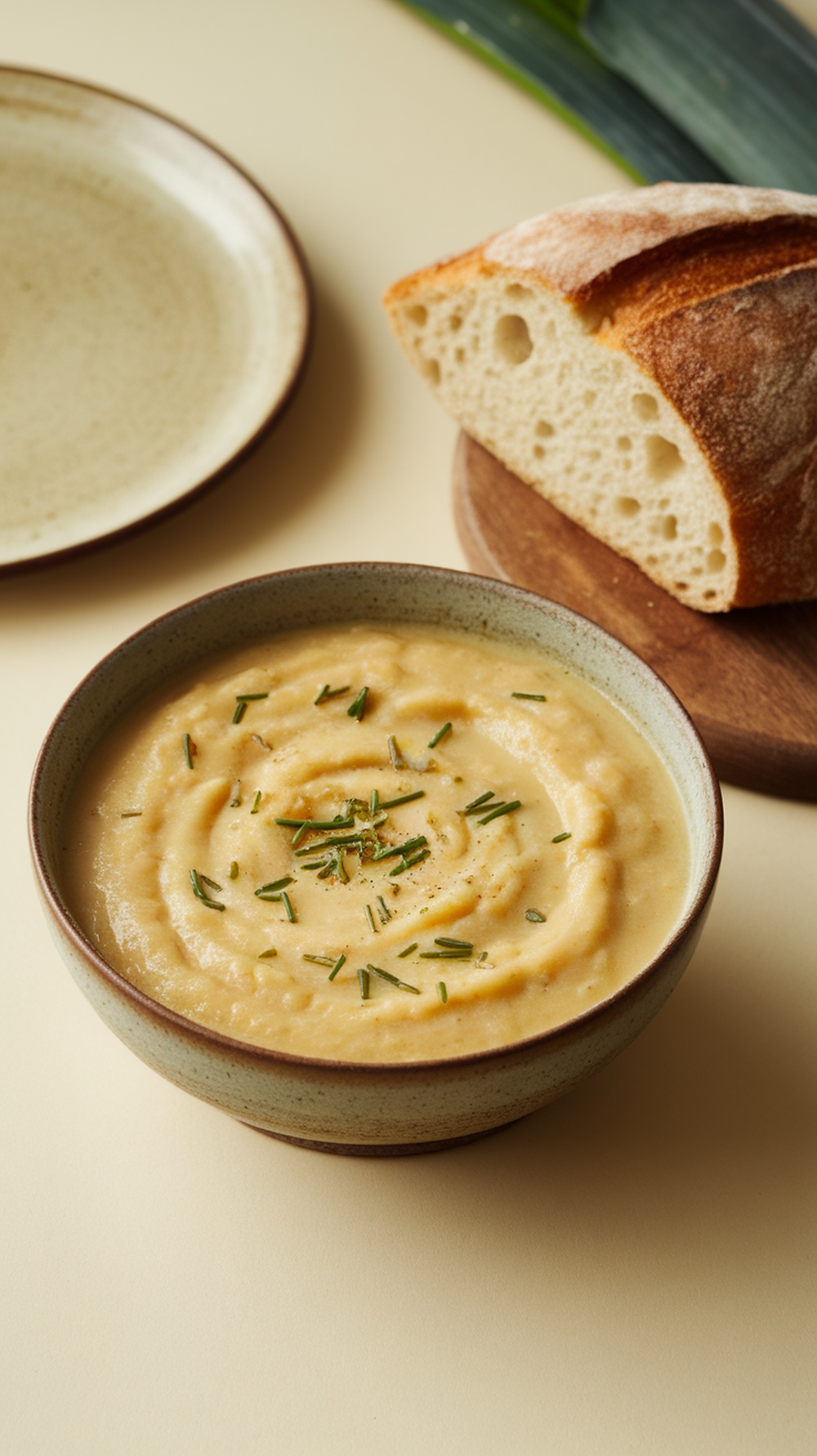 A bowl of creamy Irish potato and leek soup topped with chives.