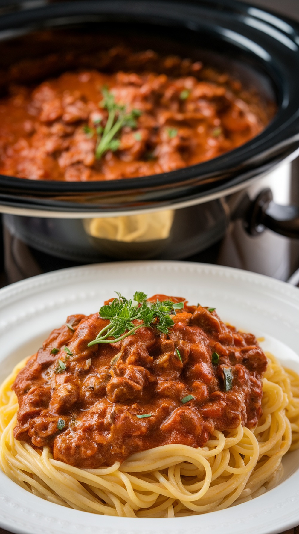 A plate of spaghetti topped with Italian-style beef ragu, garnished with herbs.
