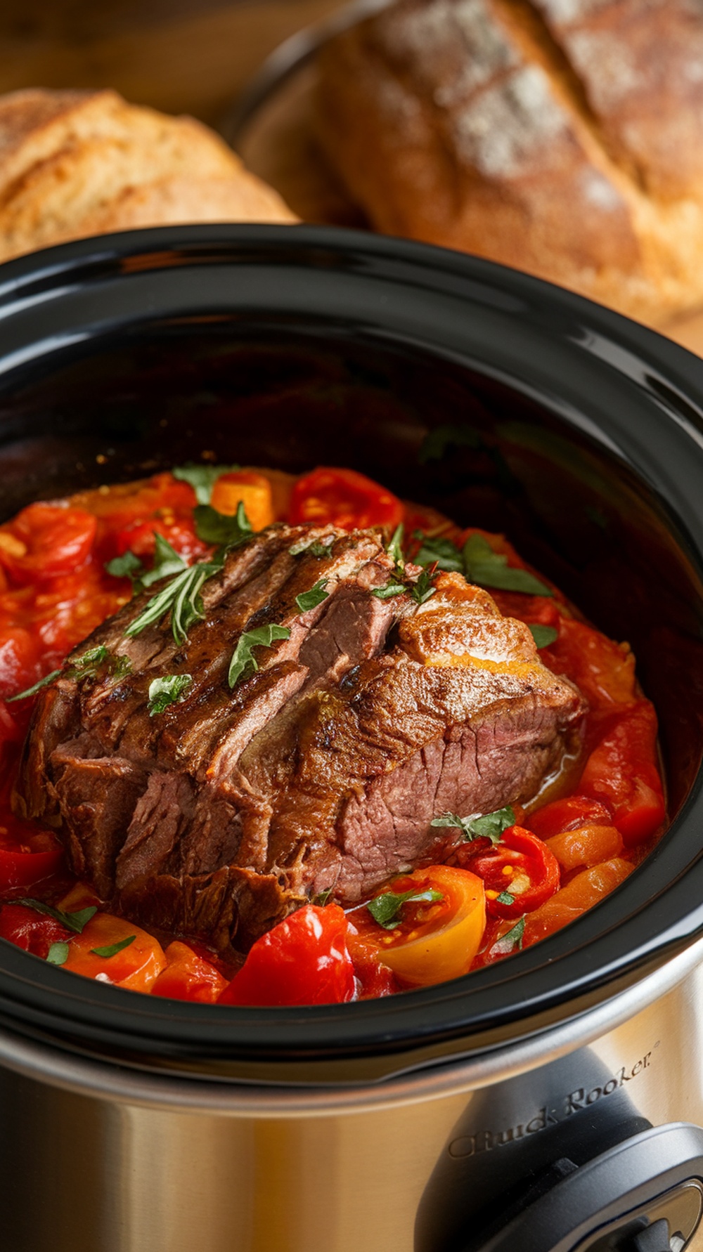 Slow cooker chuck roast with tomatoes and herbs