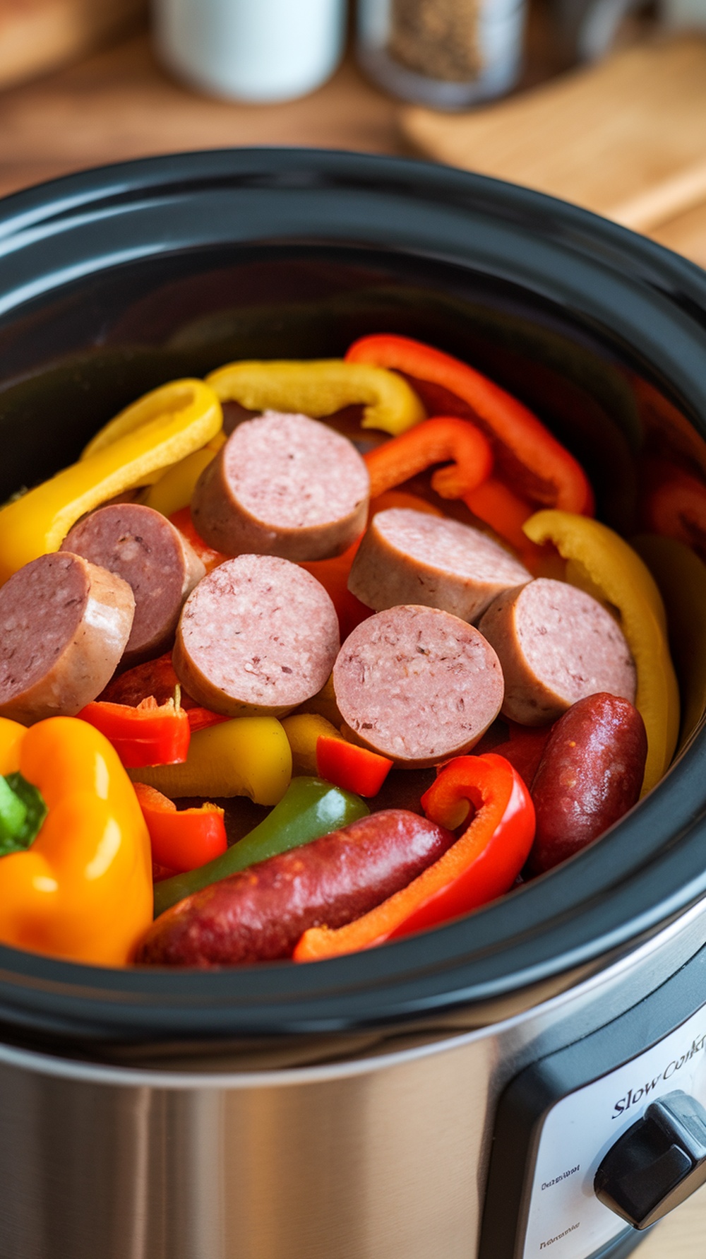 A slow-cooked dish featuring Italian sausage and colorful bell peppers.