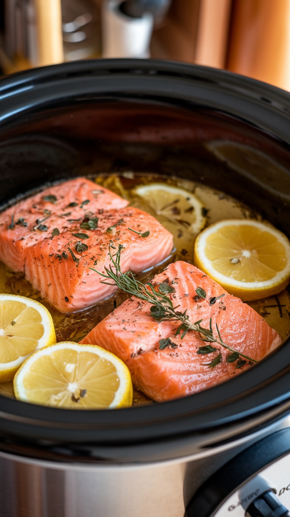 Salmon fillets with lemon and herbs in a slow cooker