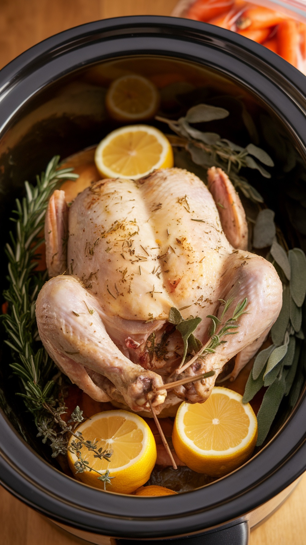 A whole roasted chicken with lemon and herbs in a slow cooker.