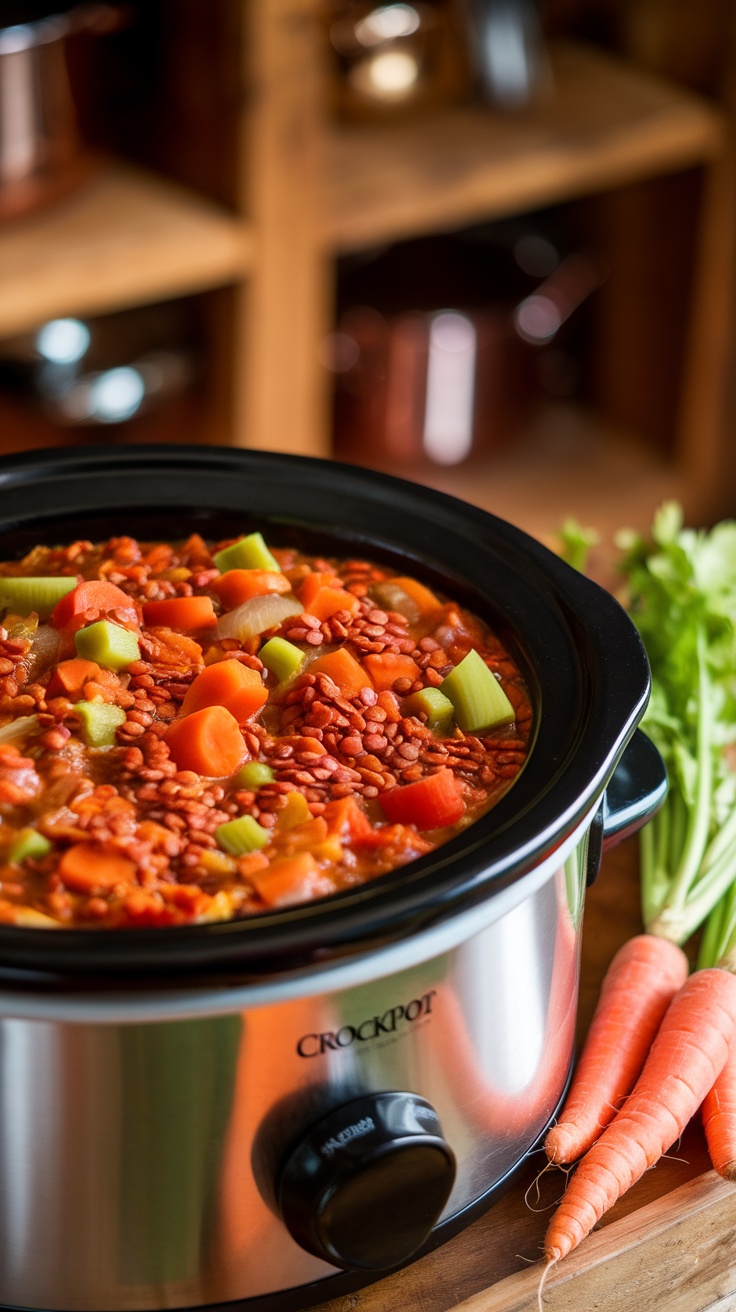 A bowl of lentil and vegetable stew in a slow cooker.