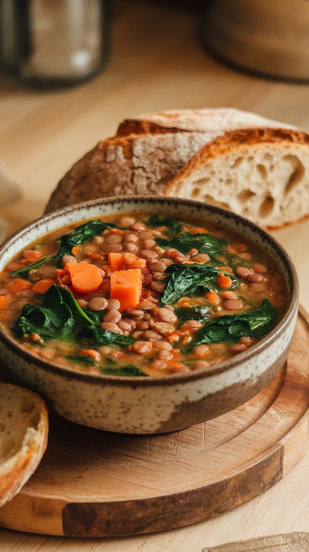A bowl of lentil soup garnished with carrots and spinach, served with slices of bread.