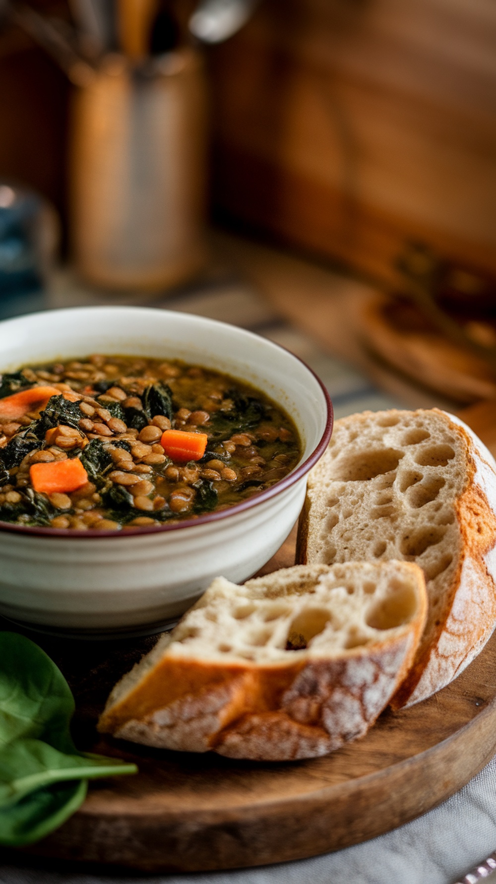 A bowl of lentil soup with spinach and carrots, served with slices of bread on the side.