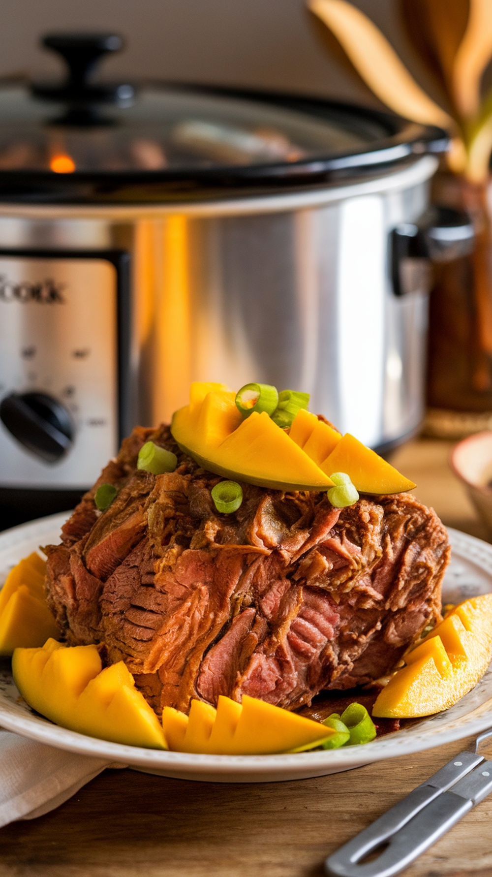 A delicious mango teriyaki chuck roast served with mango slices.