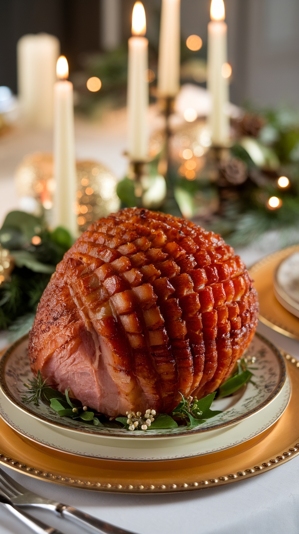 A beautifully glazed ham with a golden brown exterior, garnished with greenery.