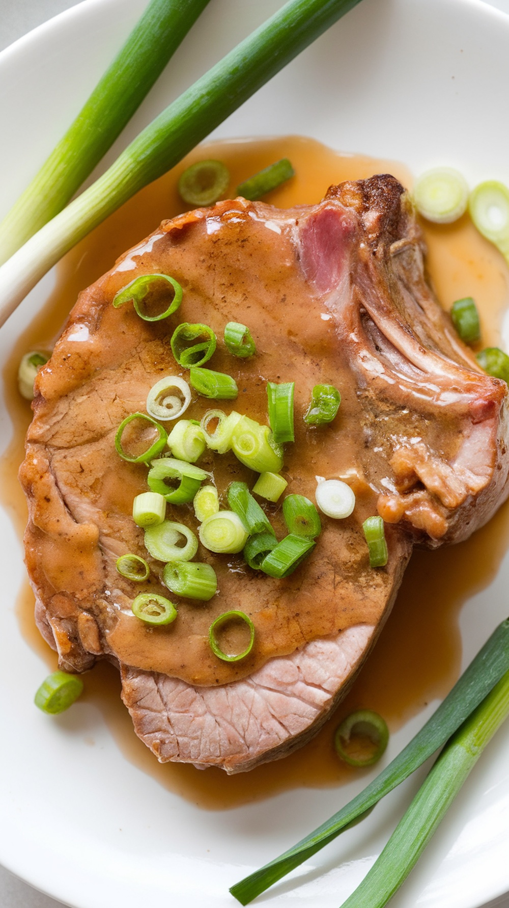 Maple mustard glazed pork chop with green onions