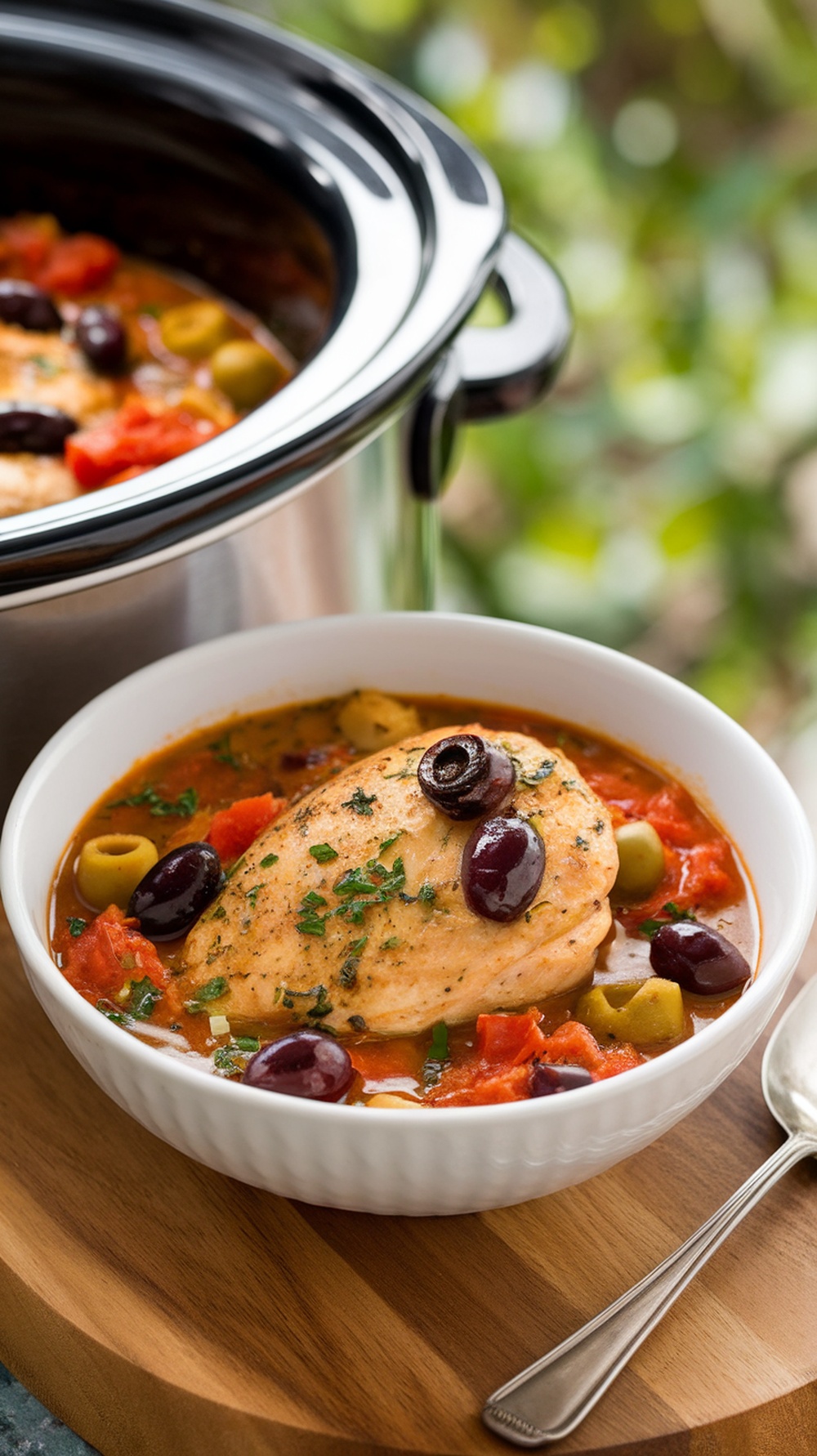 A bowl of Mediterranean Chicken Stew with olives and tomatoes