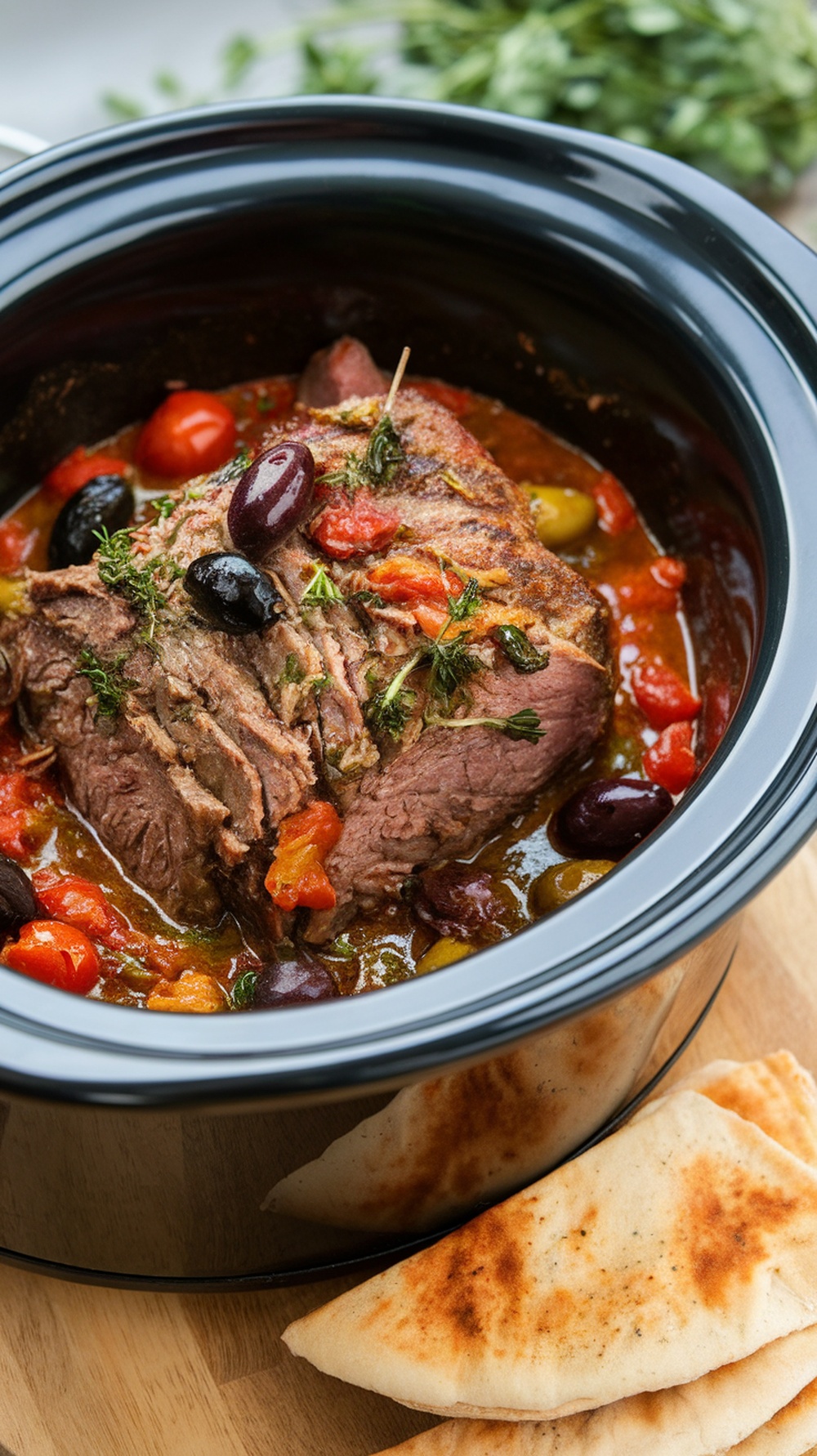 A slow cooker with Mediterranean Chuck Roast and olives