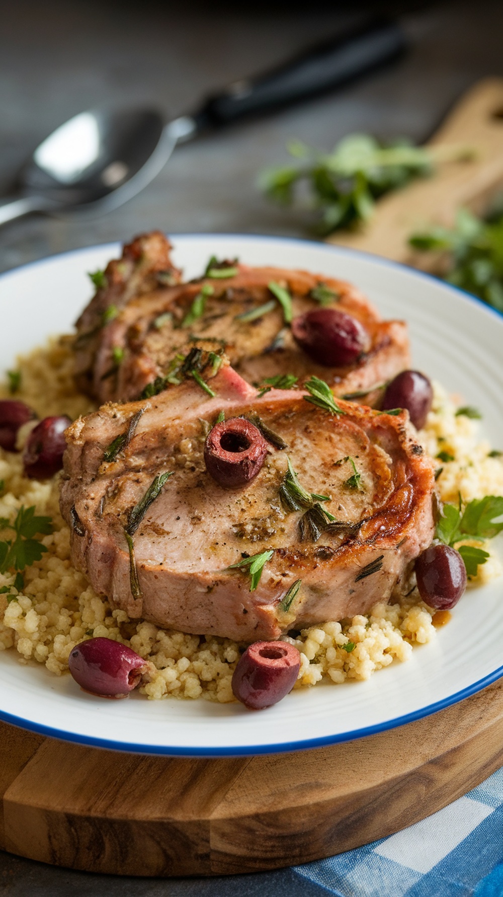 Plate of Mediterranean Herb Chops served with olives and tomatoes