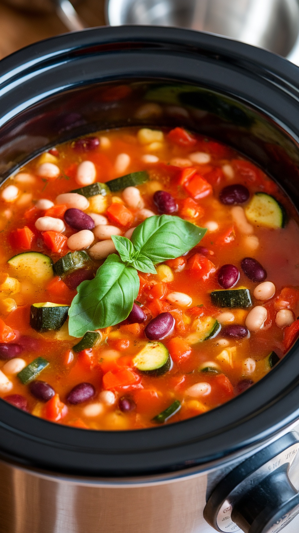A bowl of vibrant Minestrone Soup with fresh basil leaves on top