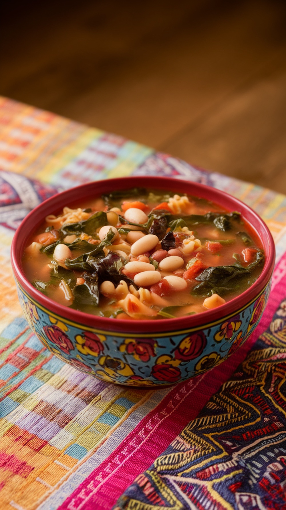 A colorful bowl of minestrone soup with pasta and greens.