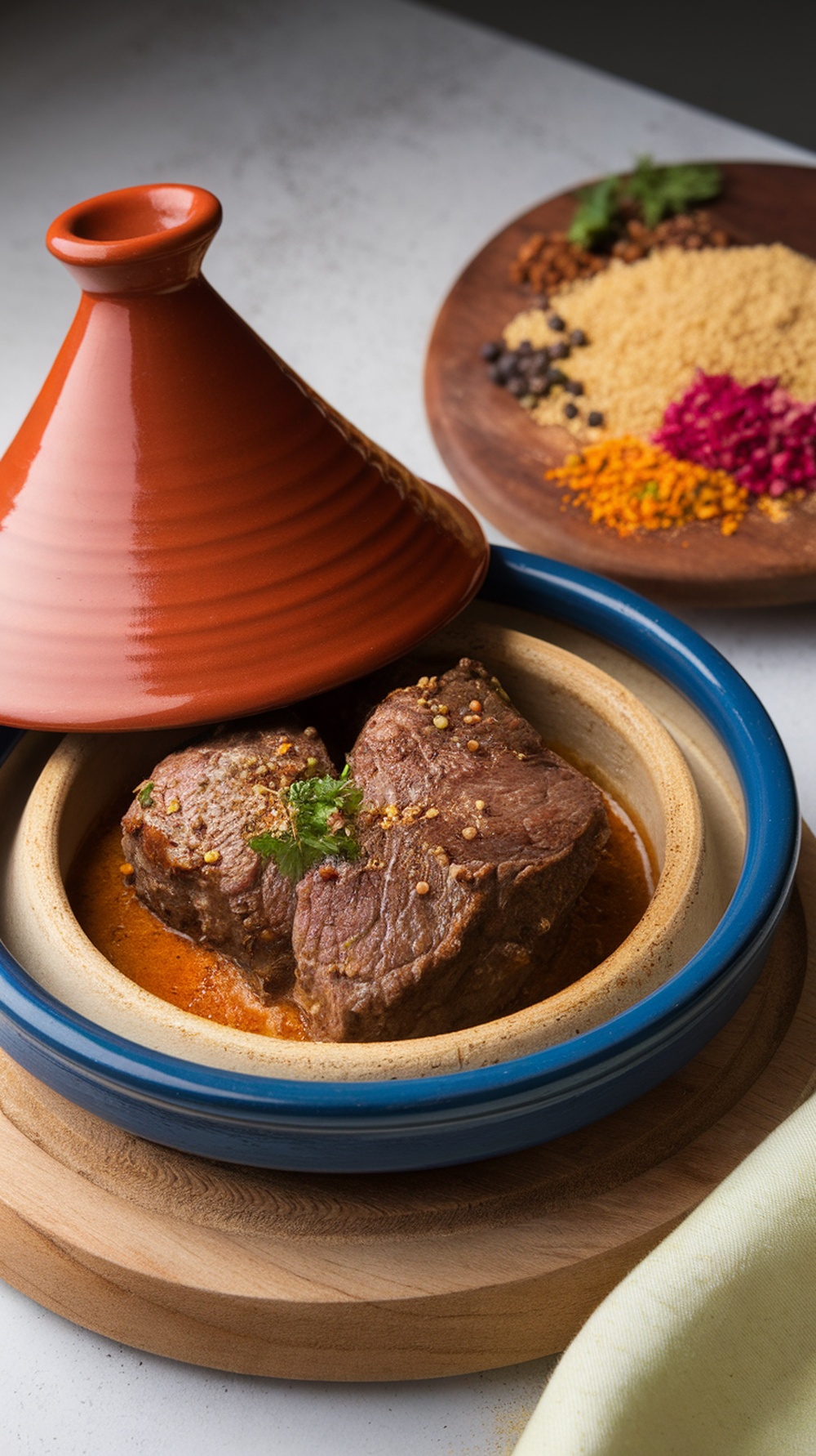 A traditional Moroccan beef tagine with spices and herbs