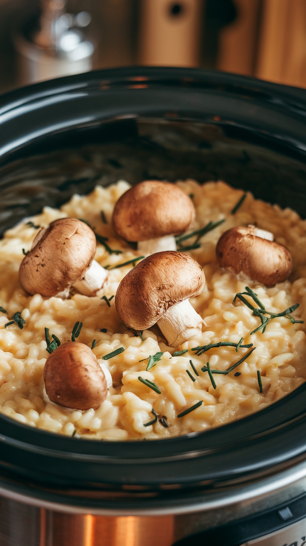 Creamy mushroom risotto in a slow cooker with fresh herbs.