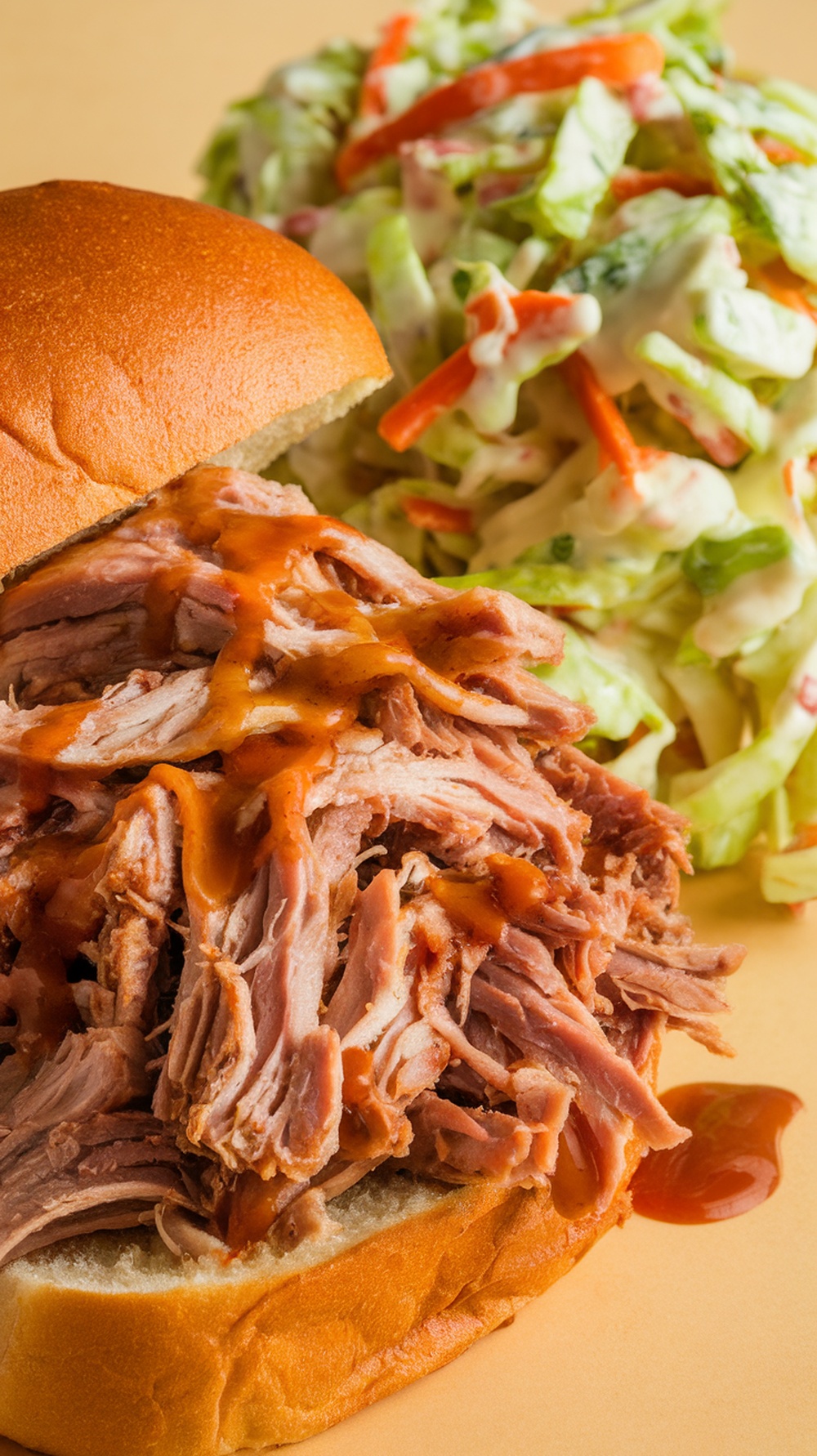 Delicious pulled pork sandwich topped with coleslaw