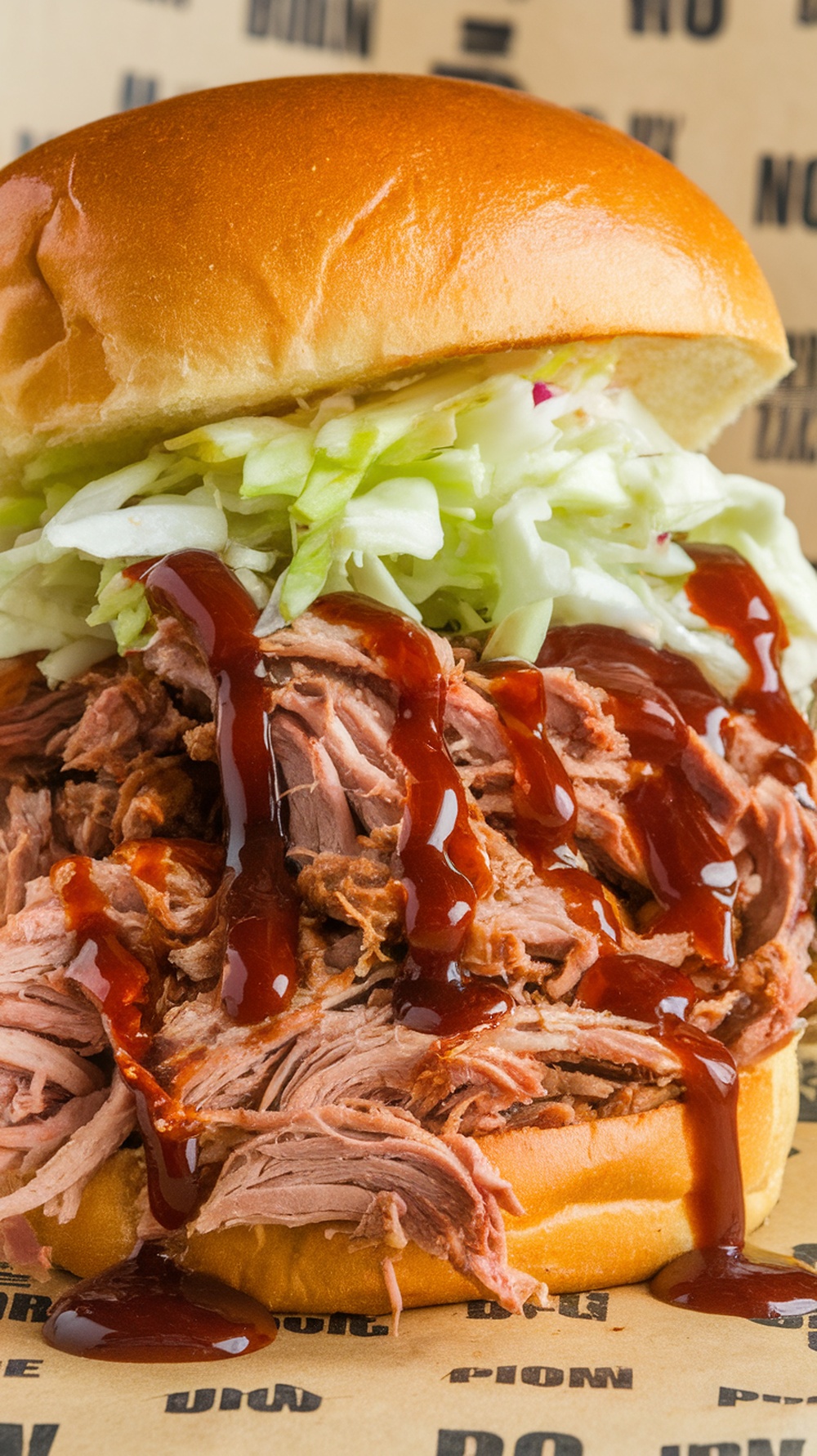 Delicious pulled pork sandwich with BBQ sauce and coleslaw