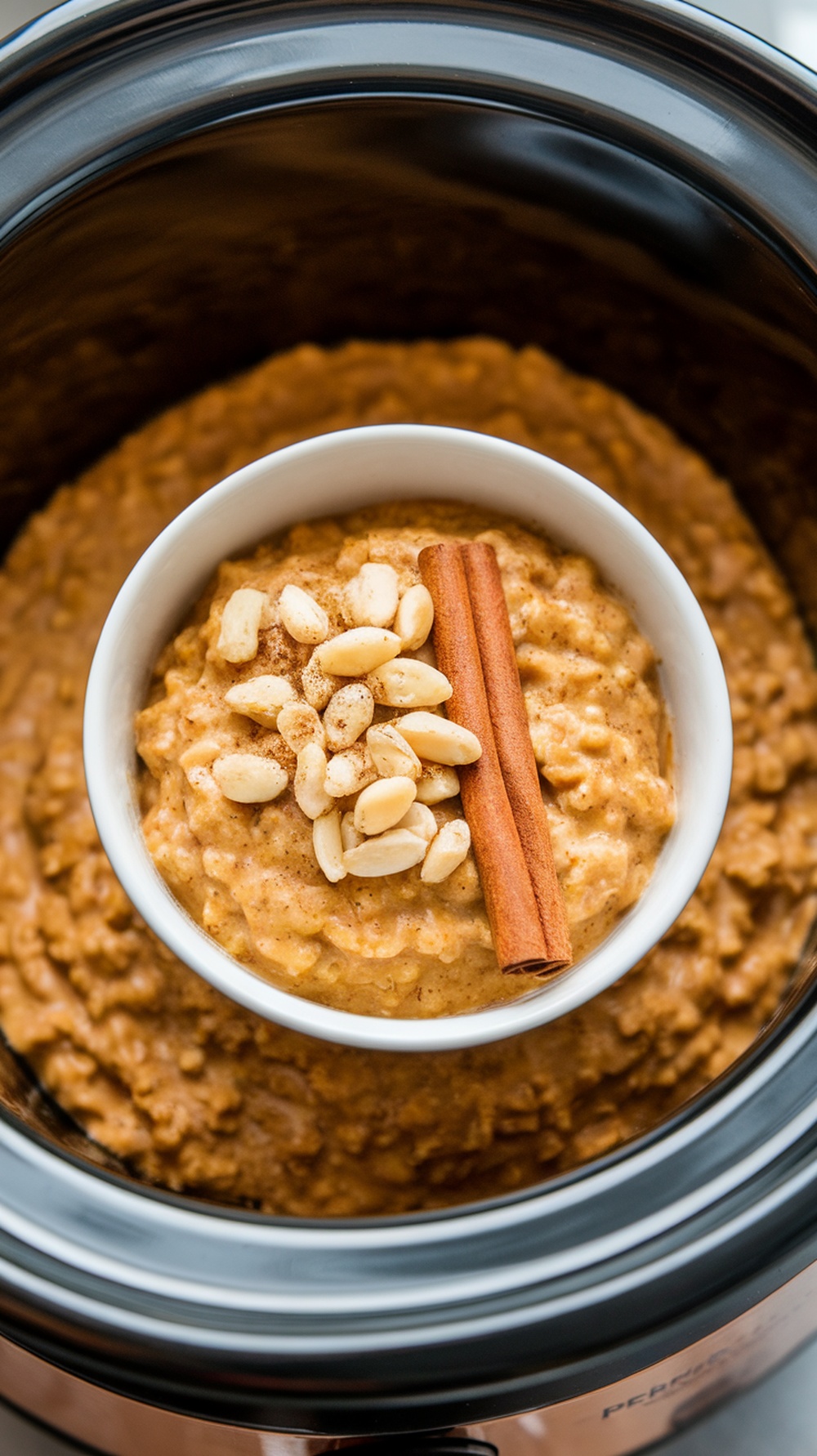 A bowl of pumpkin spice oatmeal topped with nuts and cinnamon sticks