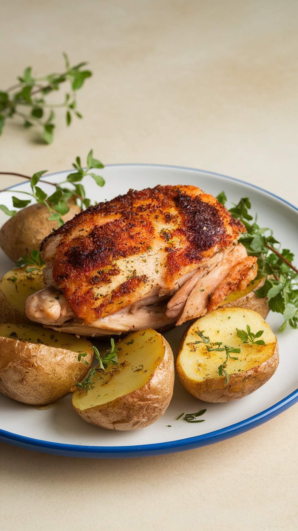 A plate of ranch chicken served with roasted potatoes