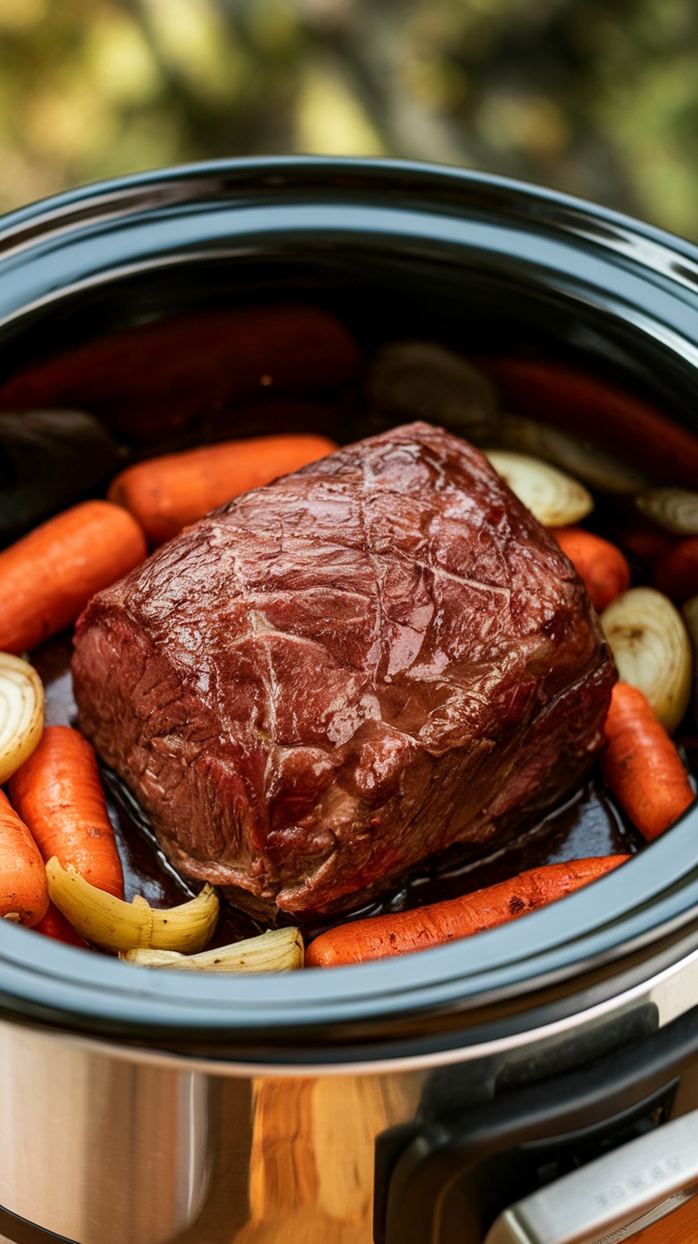 A chuck roast with carrots and onions in a slow cooker, ready to be braised in red wine.