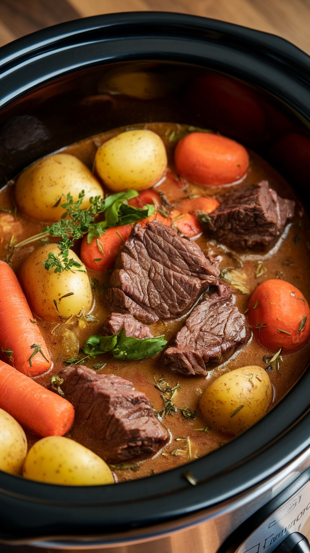 Delicious slow cooker beef stew with root vegetables.