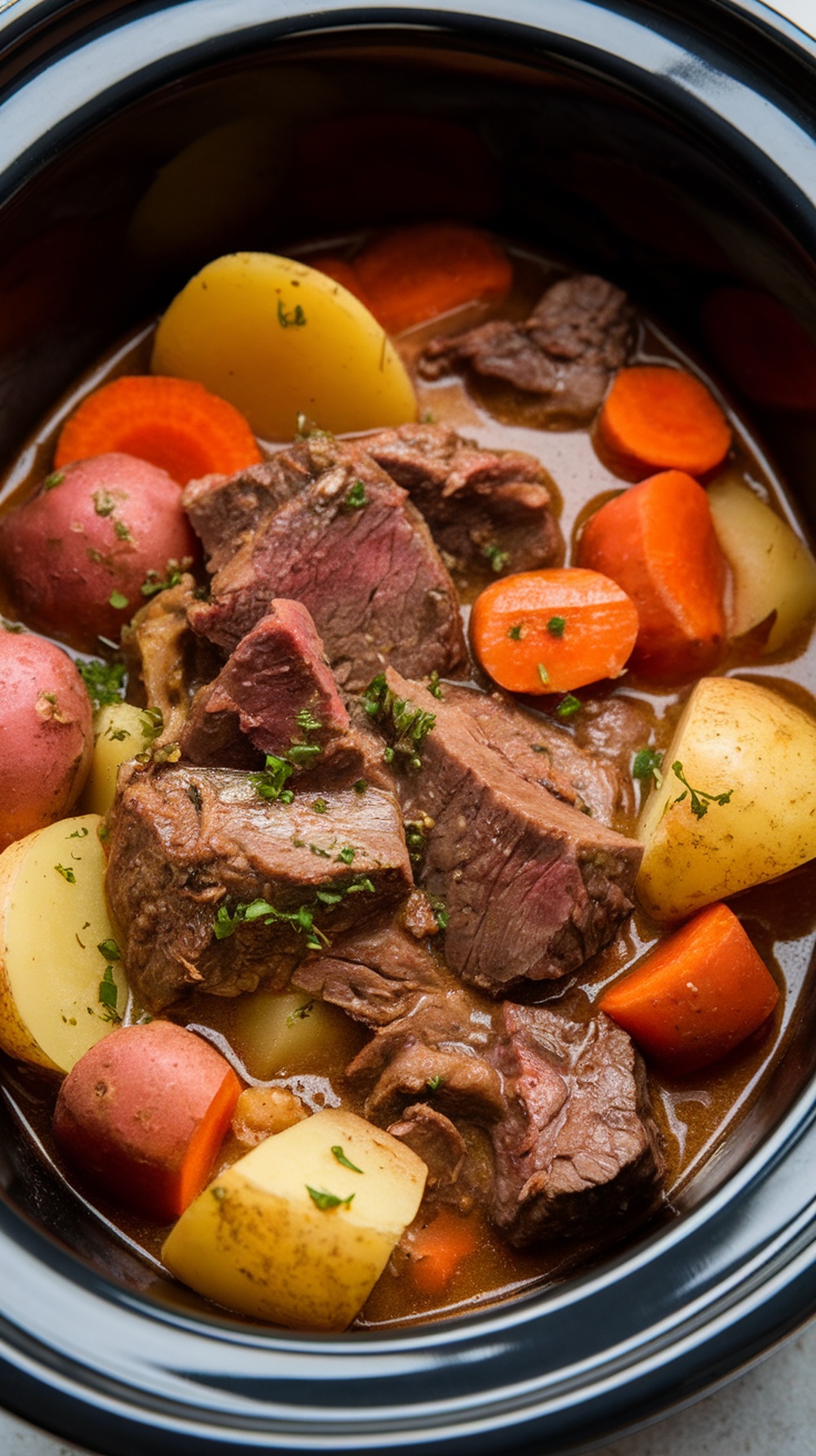 A hearty beef stew with vegetables in a slow cooker.