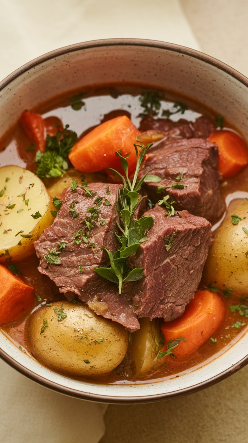 A hearty bowl of beef stew with root vegetables