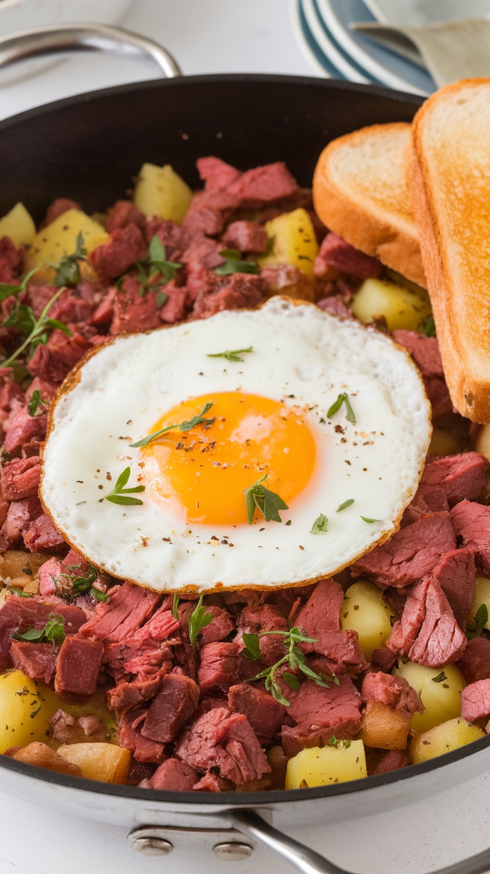 A hearty serving of corned beef hash topped with a fried egg and slices of toast.