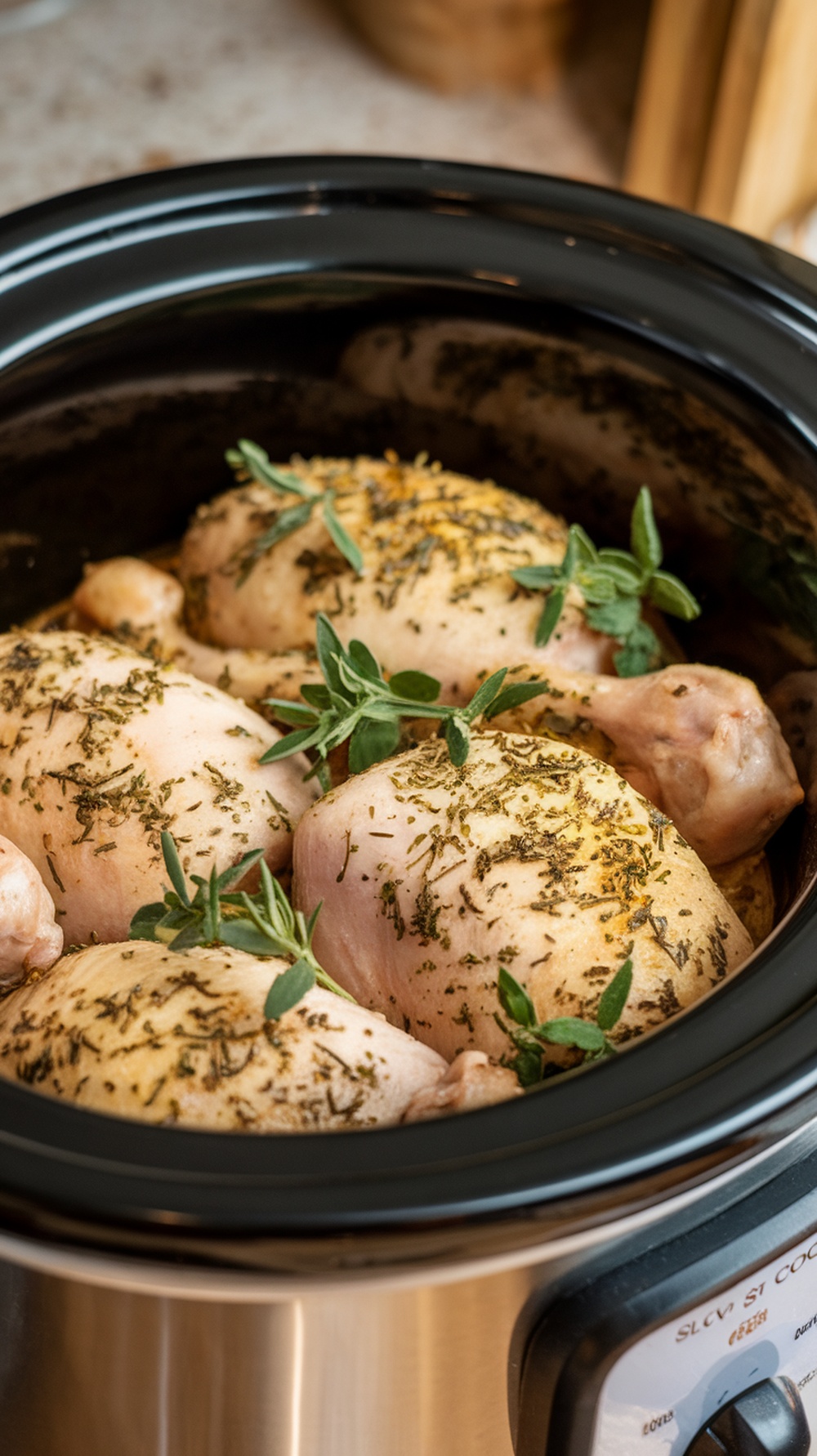 Slow cooker with seasoned chicken and herbs