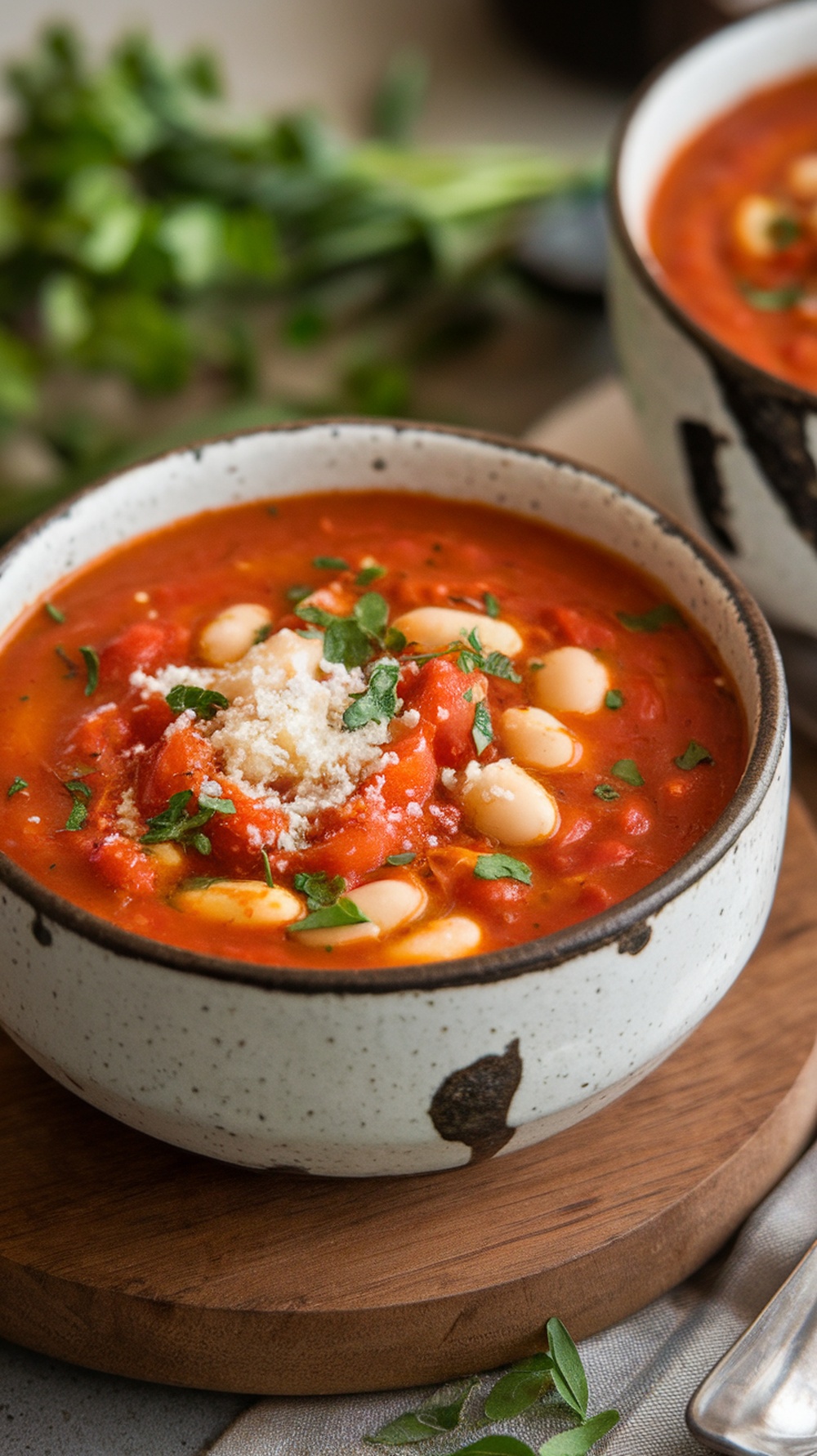 Bowl of tomato and white bean soup garnished with herbs