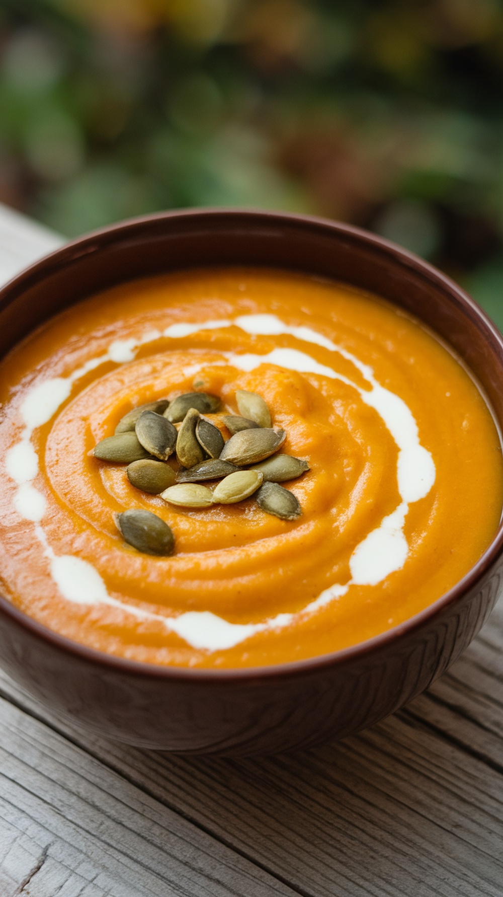 A bowl of creamy butternut squash soup garnished with pumpkin seeds.