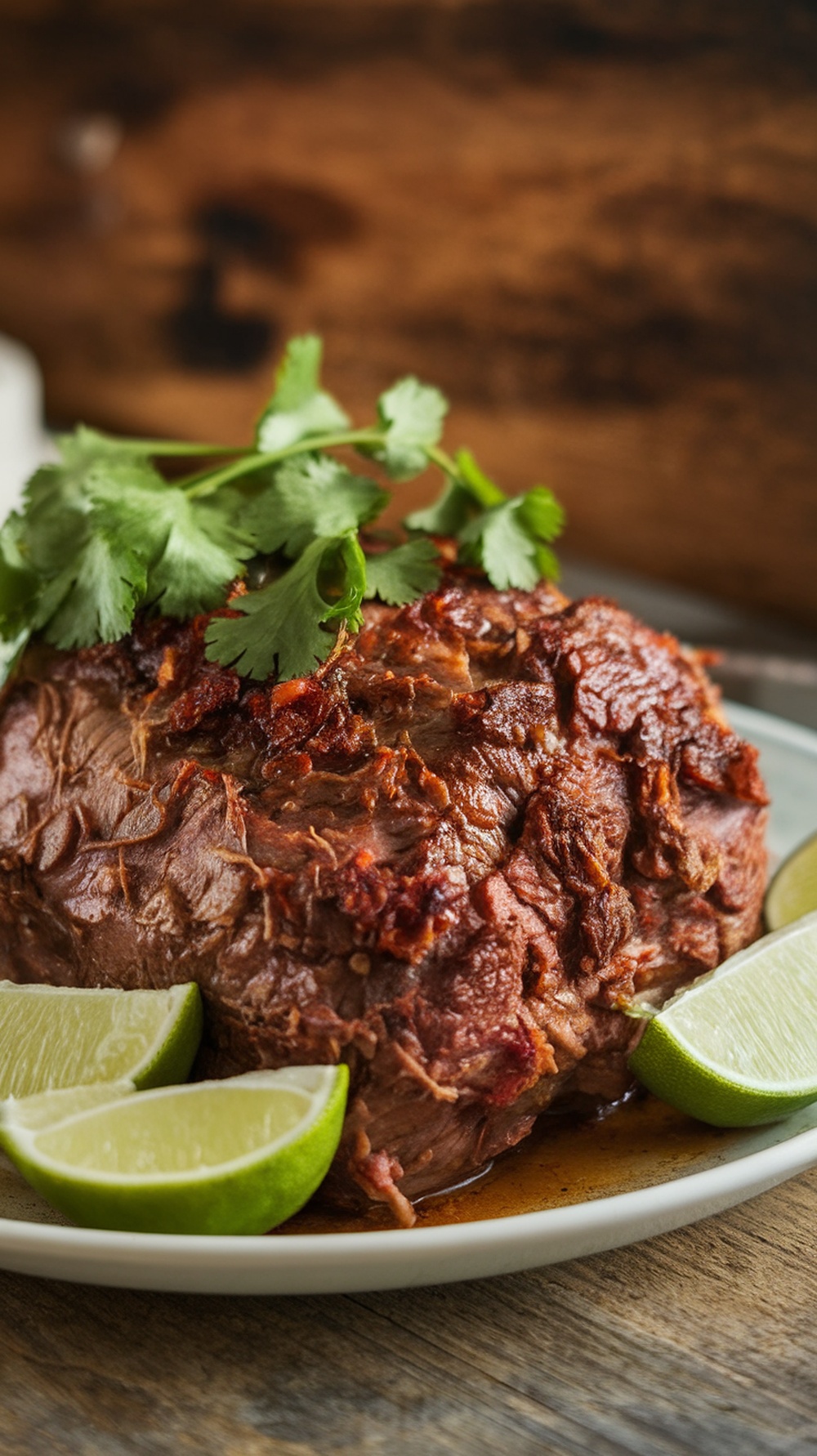 A plate with a smoky chipotle chuck roast garnished with cilantro and lime wedges.