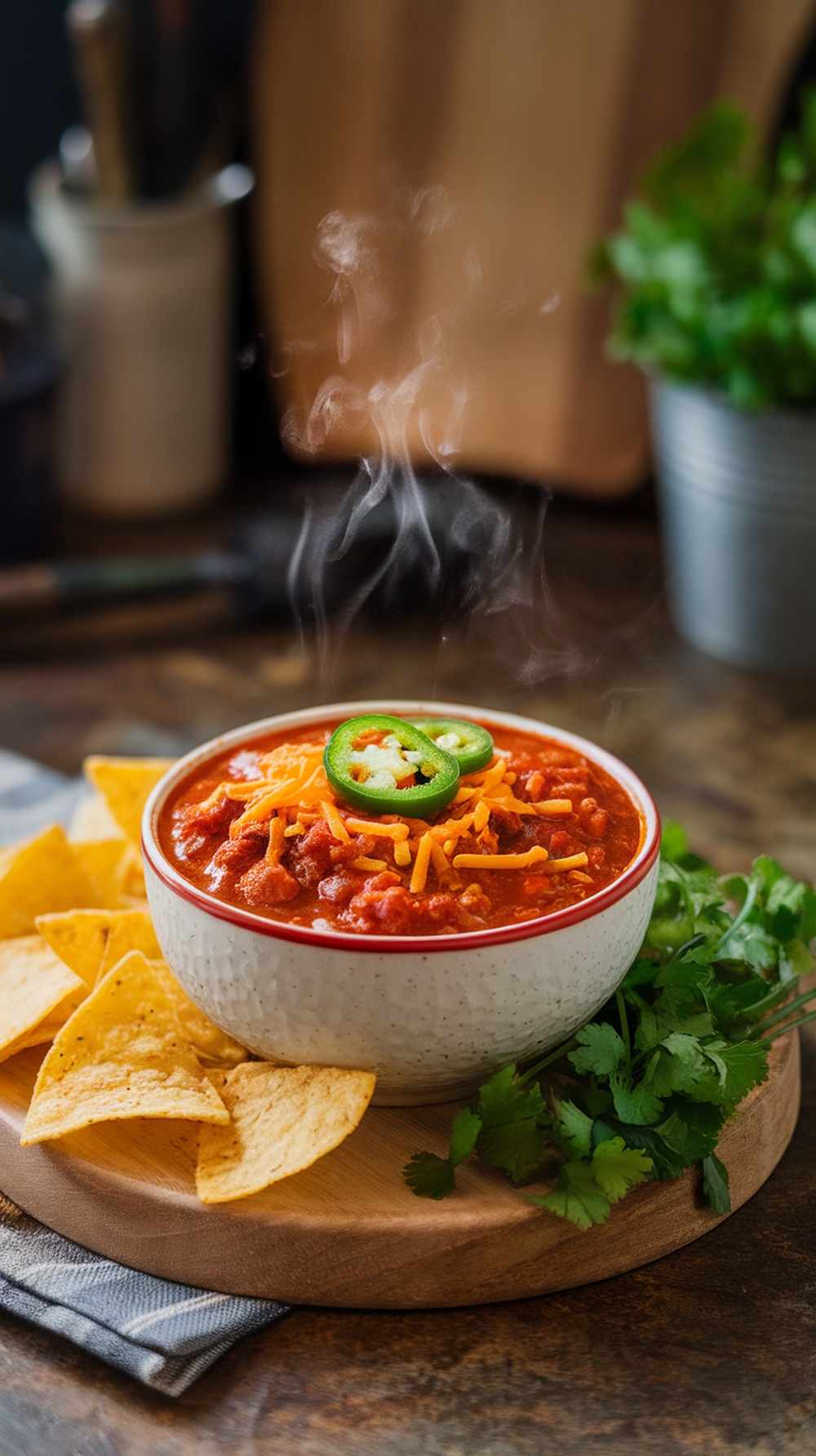 A hearty bowl of spicy beef chili with beans, topped with cheese and served with tortilla chips.