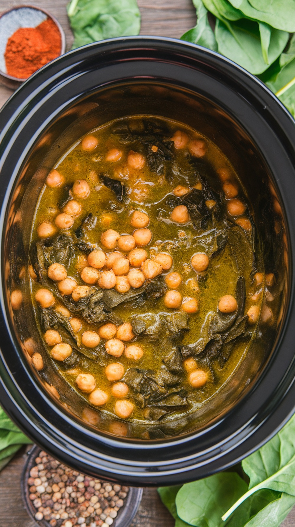 A delicious bowl of spicy chickpea and spinach stew made in a slow cooker.