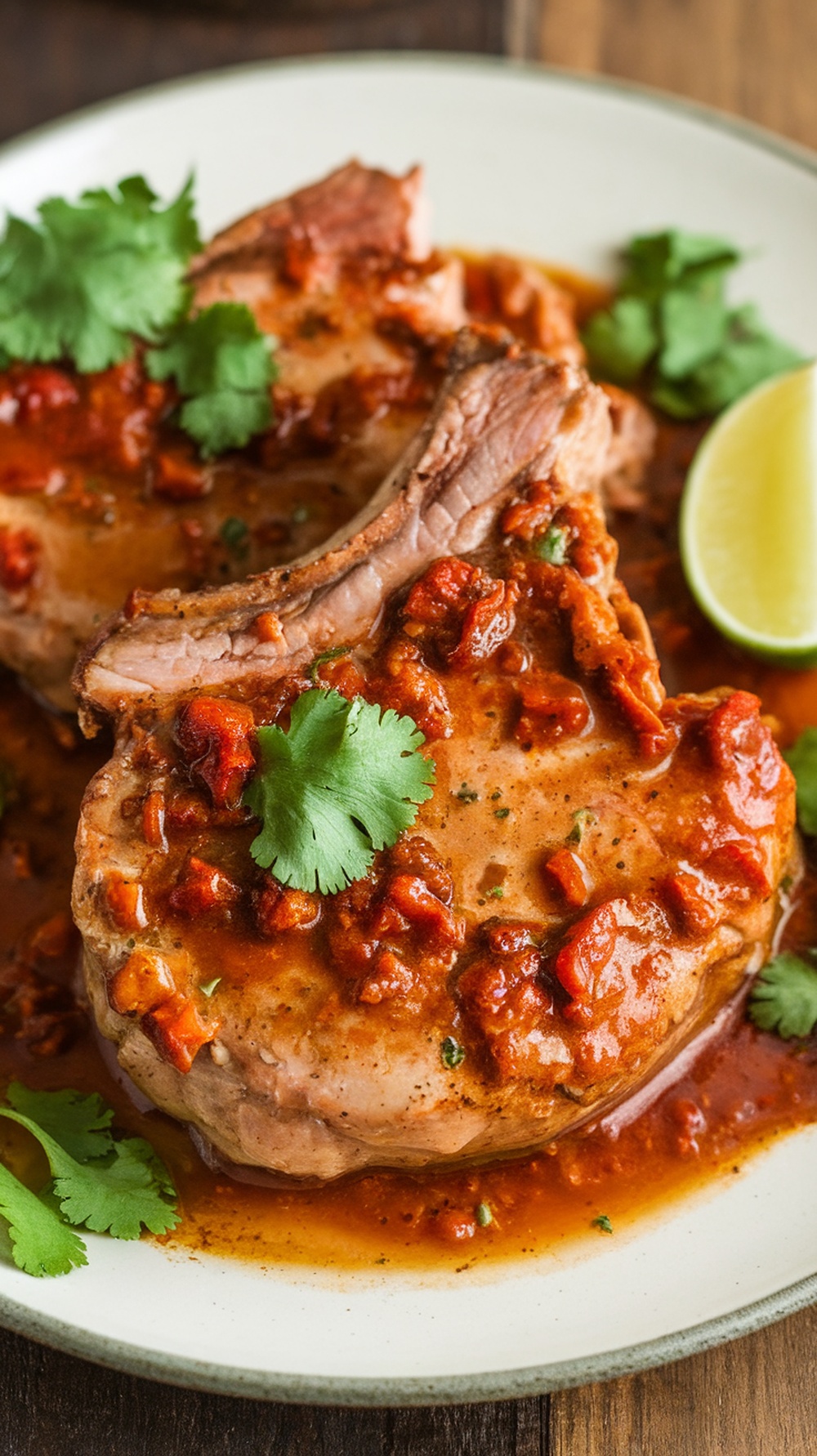 Delicious spicy chipotle pork chops served with sauce and garnished with cilantro