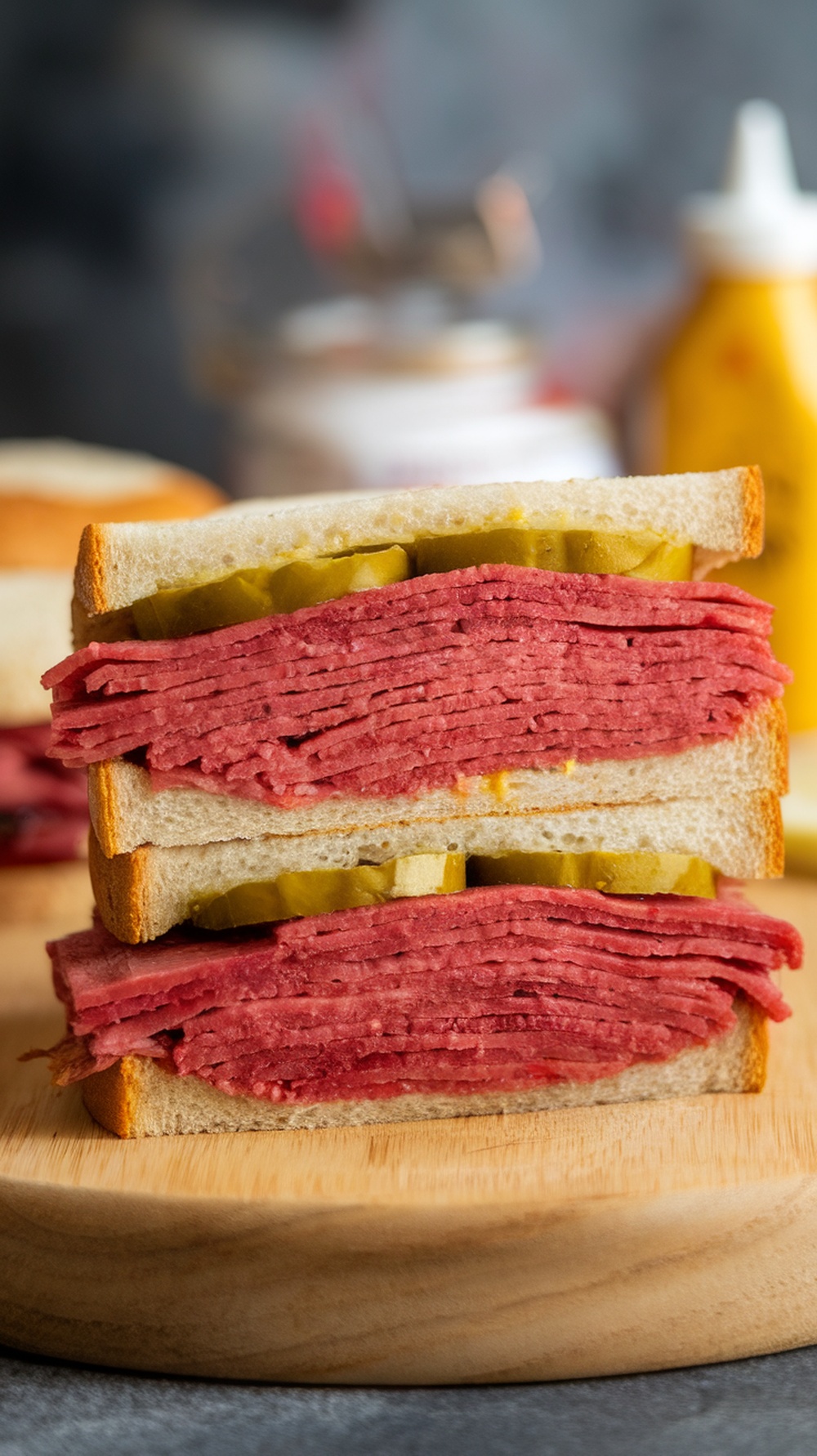 A spicy corned beef sandwich with pickles.