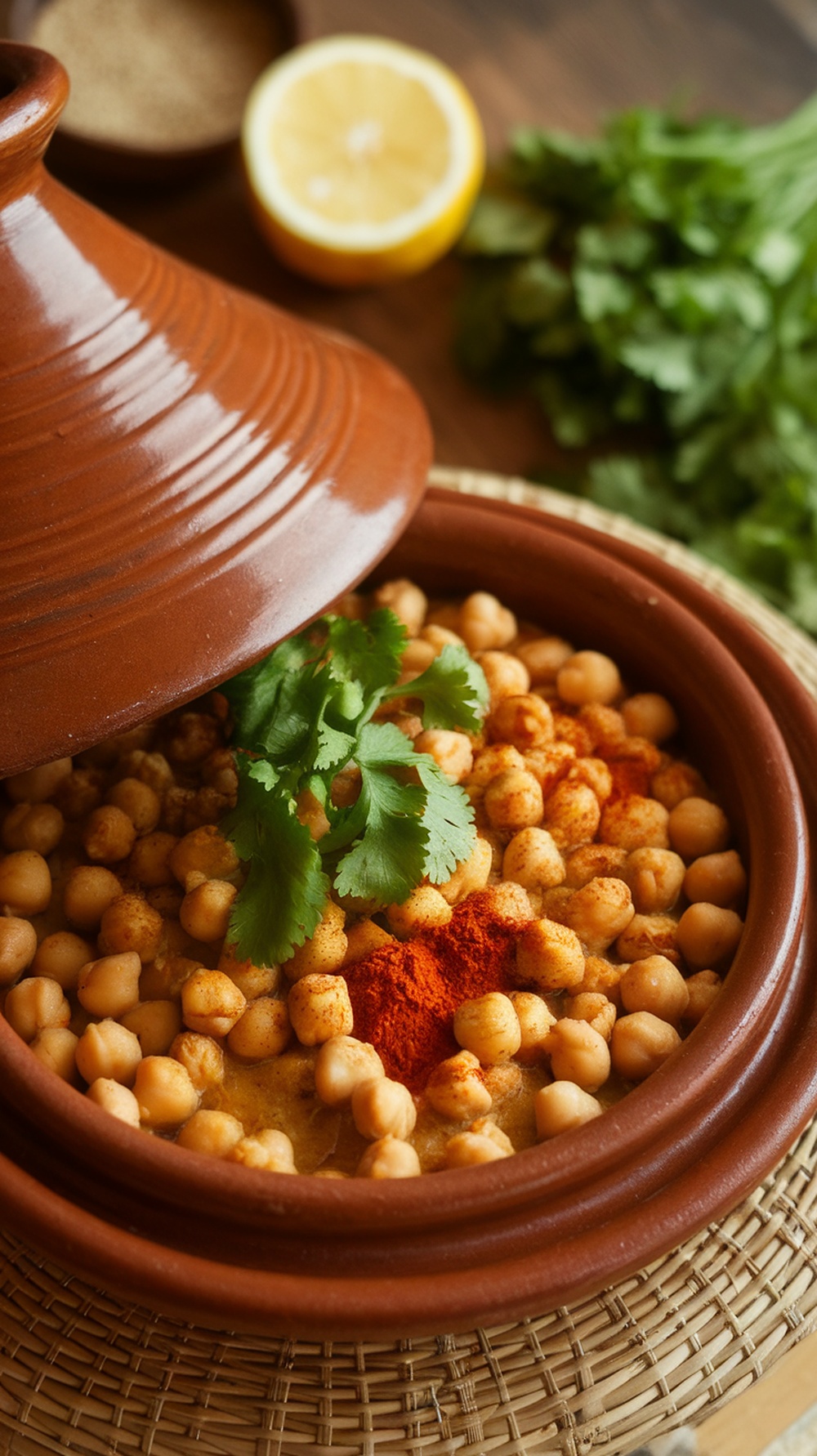 A traditional Moroccan tagine pot filled with chickpeas and spices.