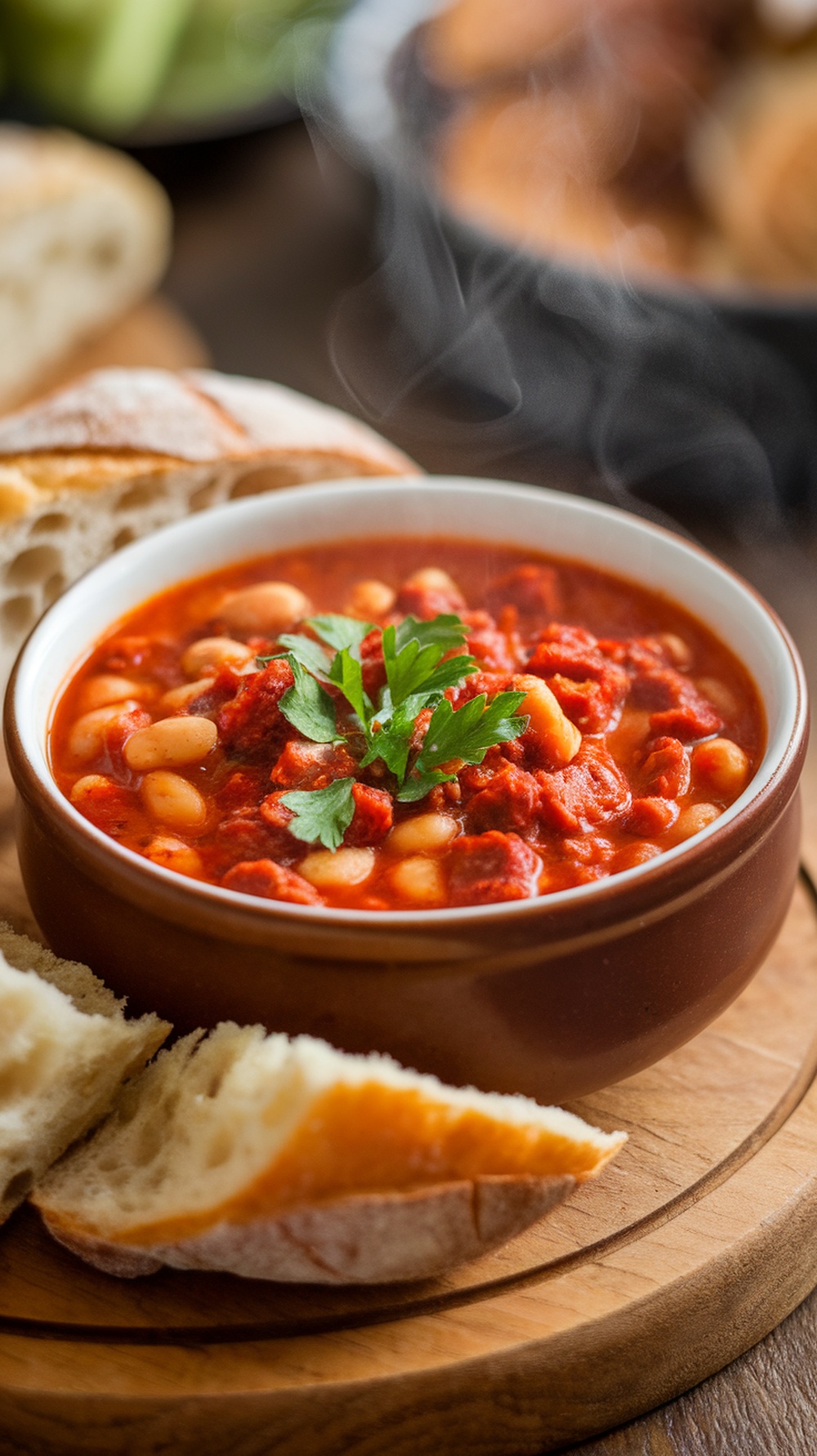 A bowl of spicy sausage and bean soup with fresh parsley and crusty bread on the side.