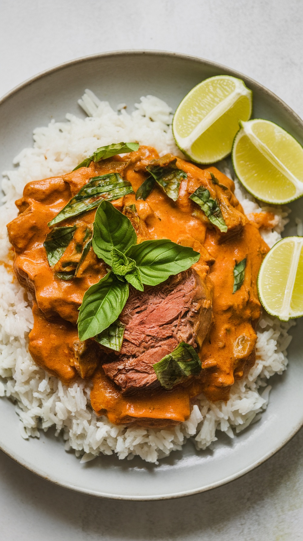 A bowl of spicy Thai chuck roast curry served over rice with lime wedges and fresh basil.