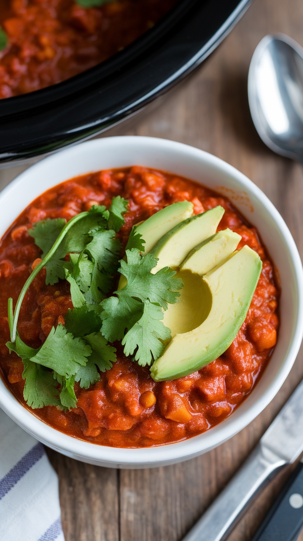 Bowl of spicy vegetarian chili topped with avocado and cilantro