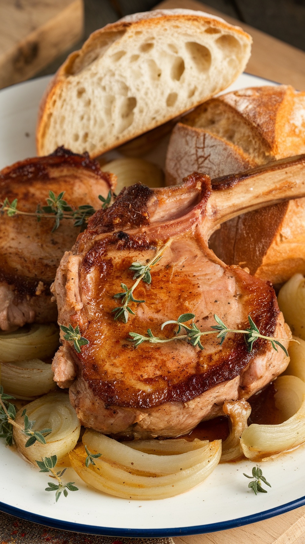 Delicious stout and onion braised pork chops served with bread