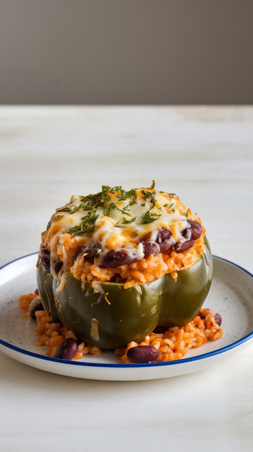 Stuffed bell peppers filled with rice, beans, and cheese
