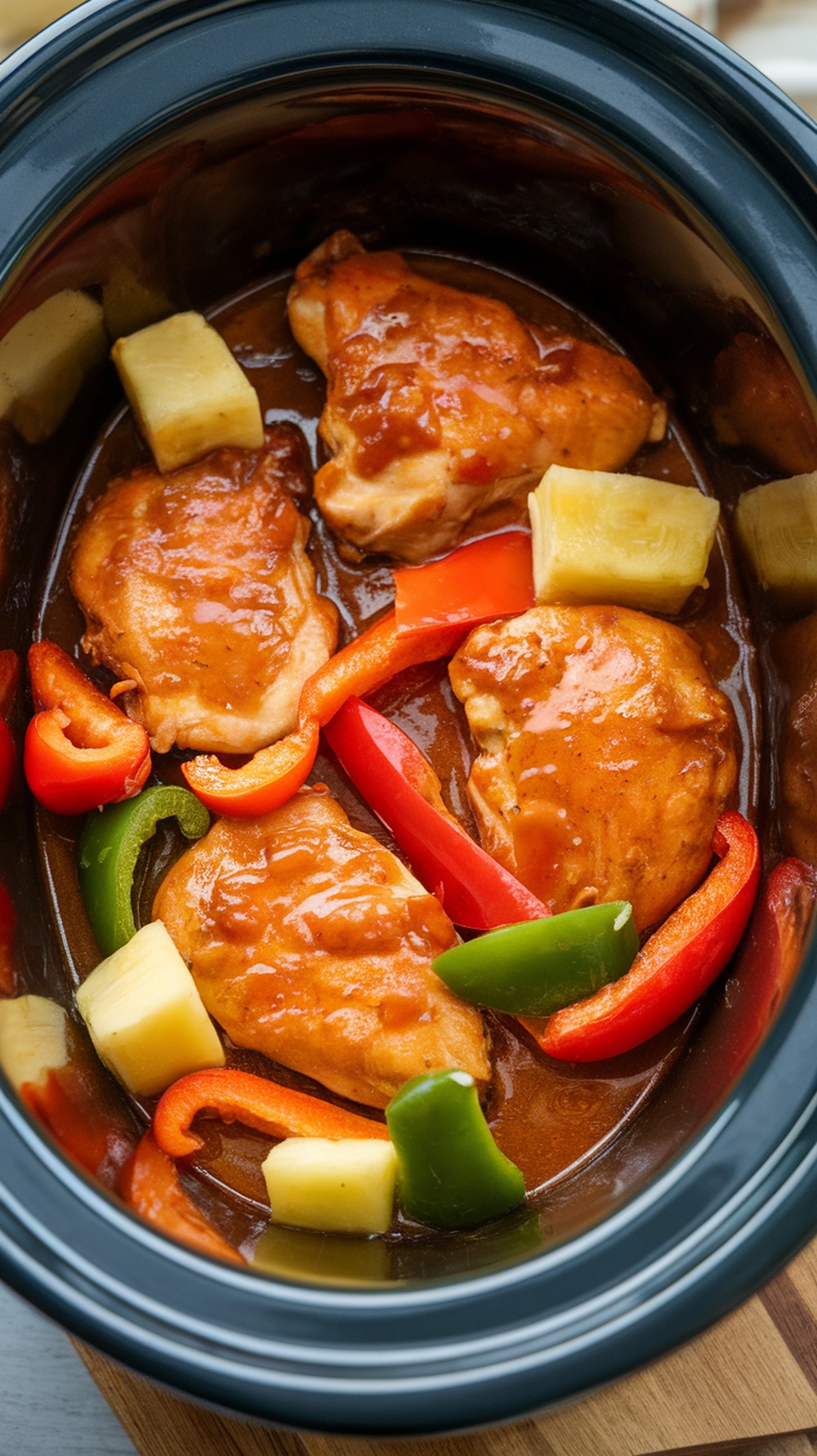 Sweet and sour chicken dish in a slow cooker with colorful vegetables.