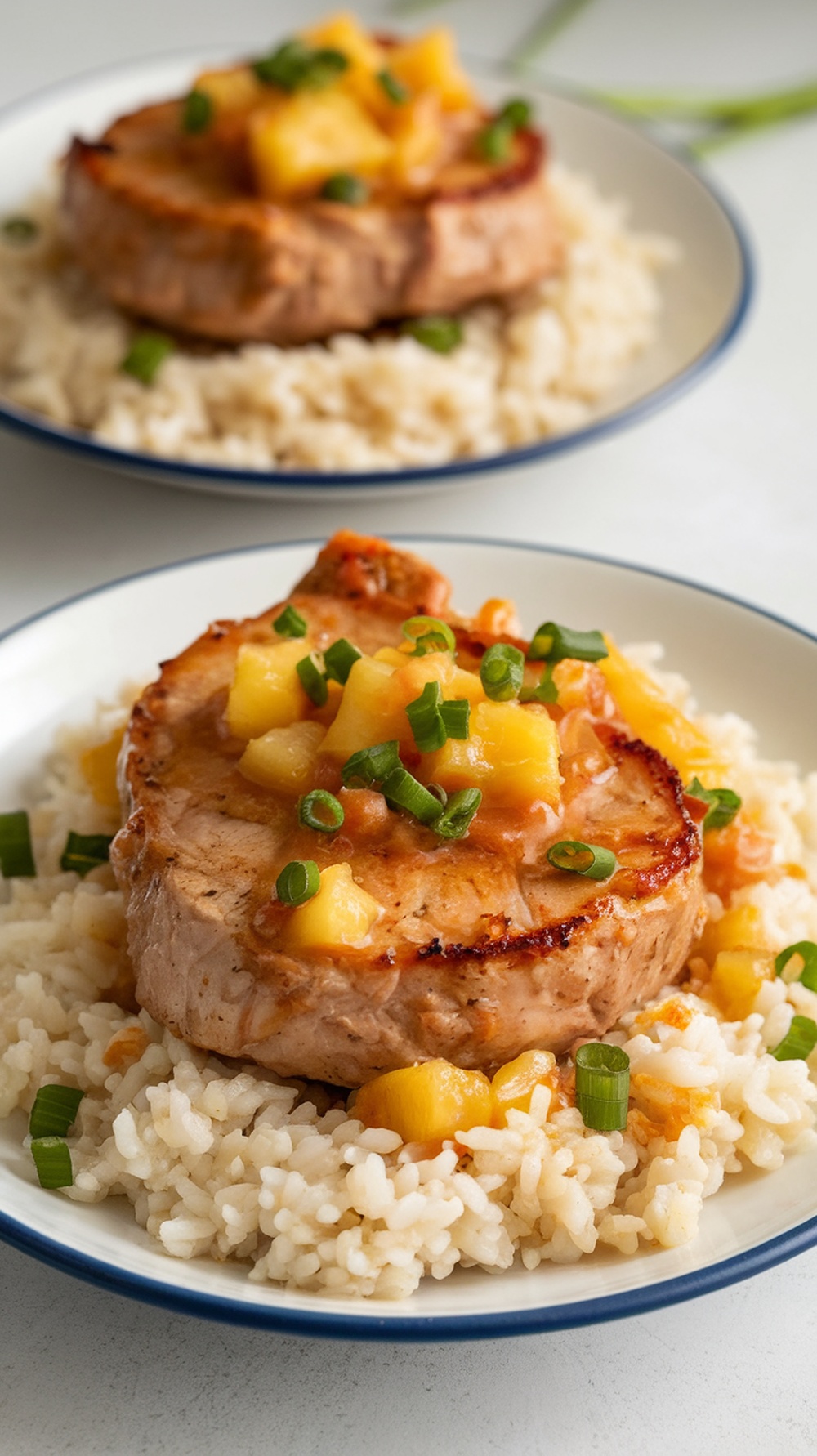 Sweet and sour pineapple pork chops served over rice with chopped green onions