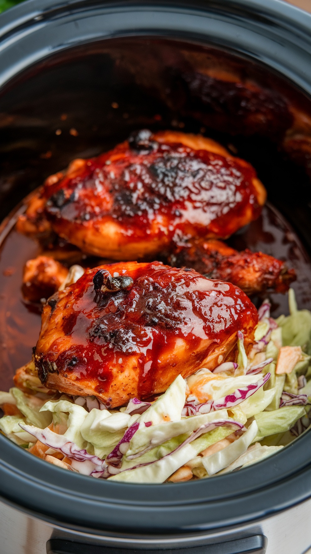 A delicious serving of sweet and spicy BBQ chicken, cooked to perfection in a slow cooker.