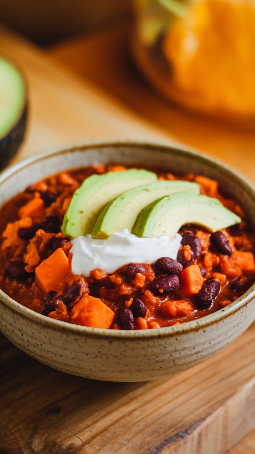 Bowl of sweet potato and black bean chili topped with avocado slices and sour cream.