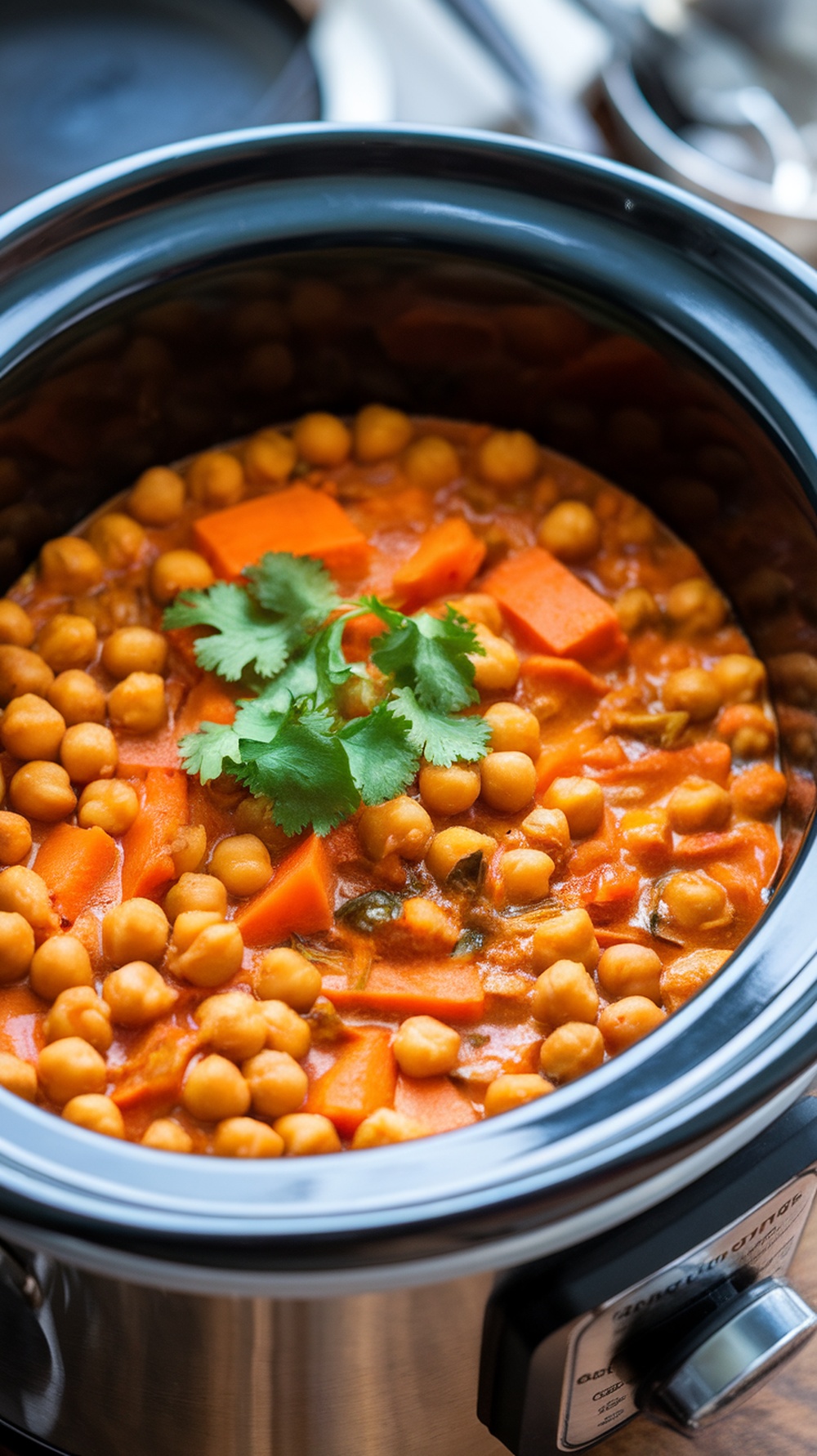A bowl of sweet potato and chickpea curry with cilantro on top