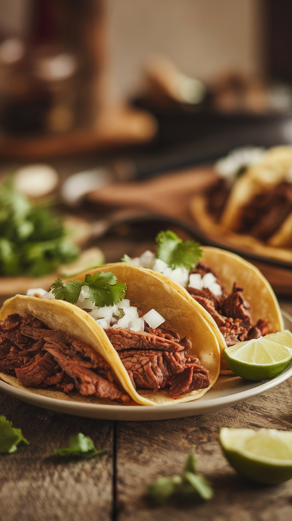 Three tender slow-cooked beef tacos on a plate, garnished with onions and cilantro.